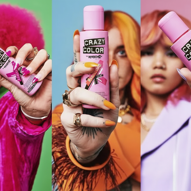 Diverse modellen met kleurrijk haar tonen Crazy Color haarverf producten in levendige tinten roze, oranje en blauw