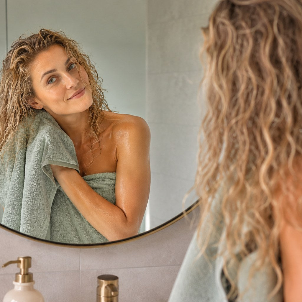 vrouw blonde krullen handdoek badkamer spiegel