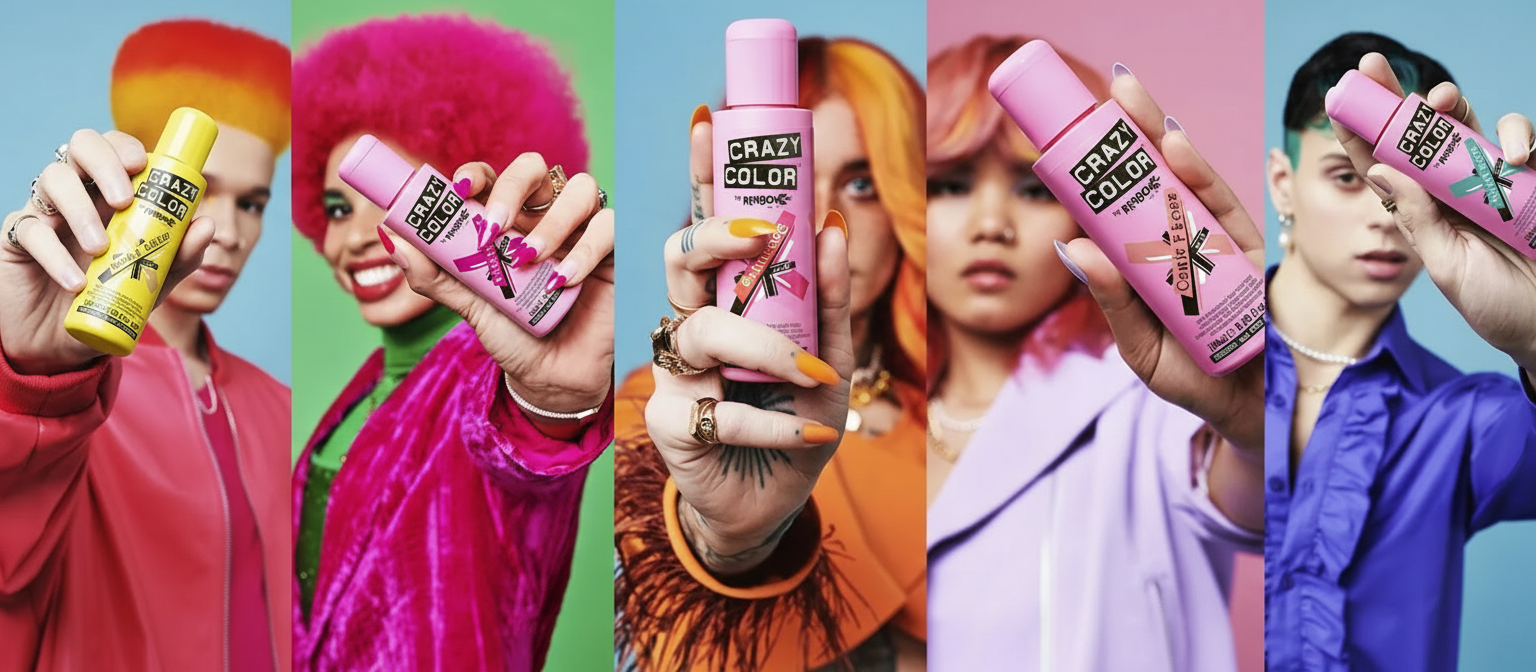 Diverse modellen met kleurrijk haar tonen Crazy Color haarverf producten in levendige tinten roze, oranje en blauw