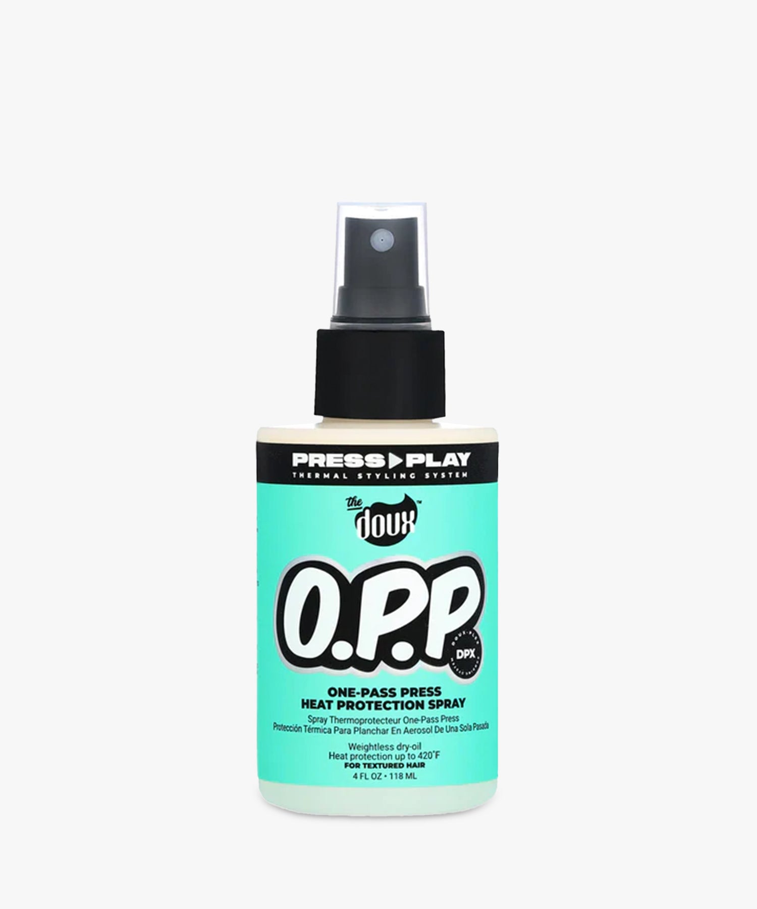 The Doux One-Pass Press heat-protection spray (118 ml) — hittebeschermende flat-iron stylingspray voor natuurlijk haar