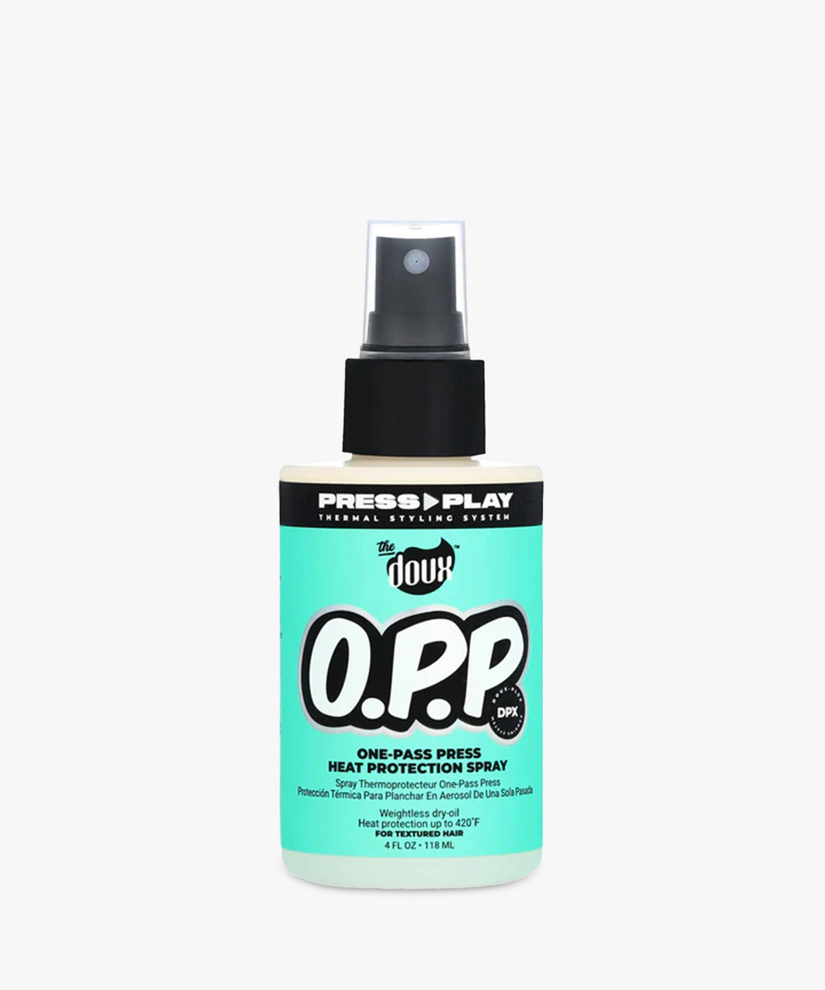The Doux One-Pass Press heat-protection spray (118 ml) — hittebeschermende flat-iron stylingspray voor natuurlijk haar